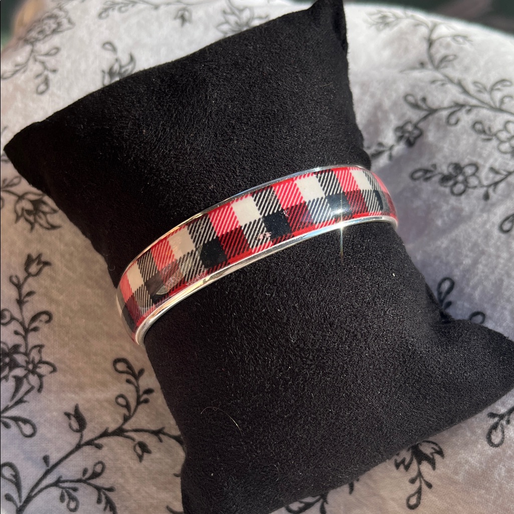 Nwot Rustic Cuff Red Black White Plaid Bracelet Silver 15$